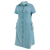 Plus Size Turndown Collar Short Sleeve Button Down Pockets Denim Long Dress