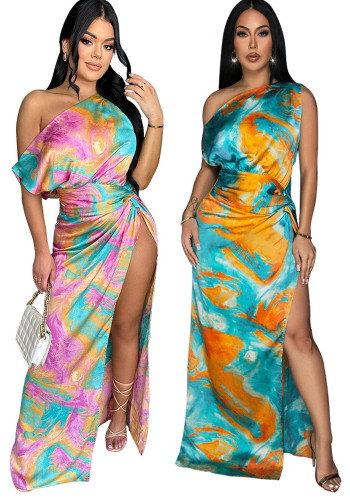 Fashion Sexy Slash Shoulder Tie Dye Printed Slit Maxi Dress