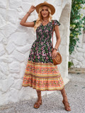 Printed V-Neck Sleeve Shirred Short Sleeve Bohemian Dress