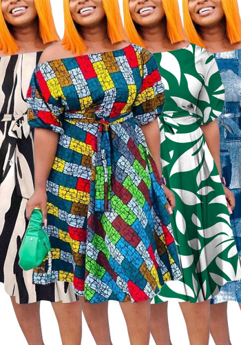 Fashion Chic Belted Slash Shoulder Plus Size A-Line Midi Dress