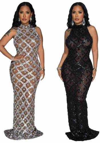 Round Neck Sleeveless Sequin Sexy Slinky Maxi Dress