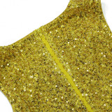 Sexy Yellow Sleeveless Sequin Round Neck Irregular Mini Dress
