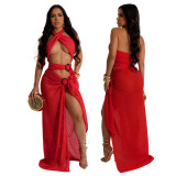 Sexy Halter Neck Mesh Slim High Slit Beach Solid Maxi Dress