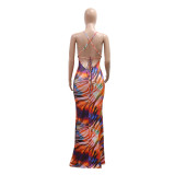 Sexy Lace Patchwork Halter V-neck Low Back Print Slinky Maxi Dress