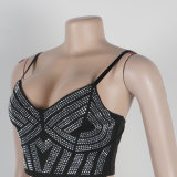 Rhinestone Stretchy Cami Crop Top Bodycon Mini Skirt 2 Piece Set