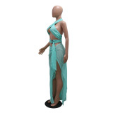 Sexy Halter Neck Mesh Slim High Slit Beach Solid Maxi Dress