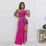 Sexy Slash Shoulder Rhinestone Slit Maxi Dress