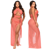 Sexy Halter Neck Mesh Slim High Slit Beach Solid Maxi Dress