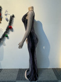 Rhinestone Black V-neck Sleeveless Party Bodycon Maxi Dress