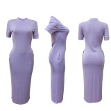 Solid Ribbed Short Sleeve O-Neck Sexy Slim Maxi Dress