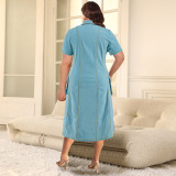Plus Size Turndown Collar Short Sleeve Button Down Pockets Denim Long Dress