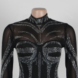 Sexy See-Through Rhinestone Mesh Long Sleeve Slinky Club Dress