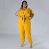 Plus Size Button Tie Front Loose Solid Top + Pants Casual 2PCS Set