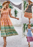Printed V-Neck Sleeve Shirred Short Sleeve Bohemian Dress