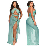 Sexy Halter Neck Mesh Slim High Slit Beach Solid Maxi Dress
