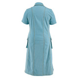 Plus Size Turndown Collar Short Sleeve Button Down Pockets Denim Long Dress