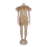 Sexy Sequin Feather Off Shoulder Ruched Party Bodycon Dress