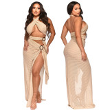 Sexy Halter Neck Mesh Slim High Slit Beach Solid Maxi Dress