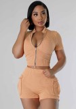 Sexy Solid Short Sleeve Zipper Two Piece Pockets Shorts Set
