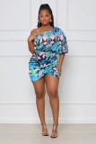 Printed Irregular Slash Shoulder Mini Dress