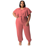 Plus Size Button Tie Front Loose Solid Top + Pants Casual 2PCS Set