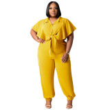 Plus Size Button Tie Front Loose Solid Top + Pants Casual 2PCS Set