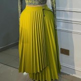 Chic Lace-up Irregular Pleated Solid Long Skirt