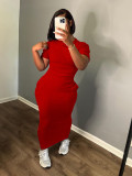 Solid Ribbed Short Sleeve O-Neck Sexy Slim Maxi Dress