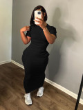 Solid Ribbed Short Sleeve O-Neck Sexy Slim Maxi Dress