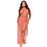 Sexy Halter Neck Mesh Slim High Slit Beach Solid Maxi Dress