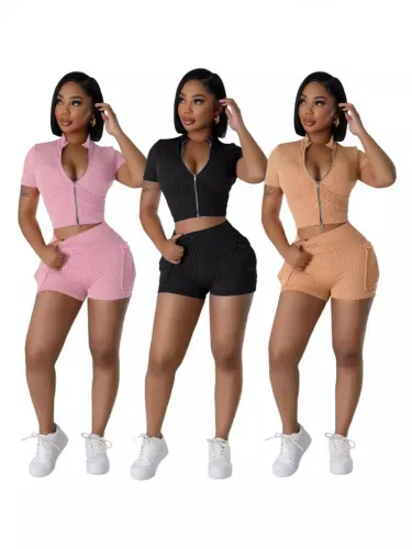 Sexy Solid Short Sleeve Zipper Two Piece Pockets Shorts Set