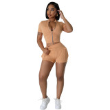 Sexy Solid Short Sleeve Zipper Two Piece Pockets Shorts Set