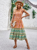 Printed V-Neck Sleeve Shirred Short Sleeve Bohemian Dress