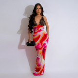 Sexy Lace Patchwork Halter V-neck Low Back Print Slinky Maxi Dress