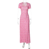 Printed U-neck Lace-Up Short Sleeve Maxi Dress