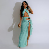 Sexy Halter Neck Mesh Slim High Slit Beach Solid Maxi Dress