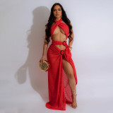 Sexy Halter Neck Mesh Slim High Slit Beach Solid Maxi Dress