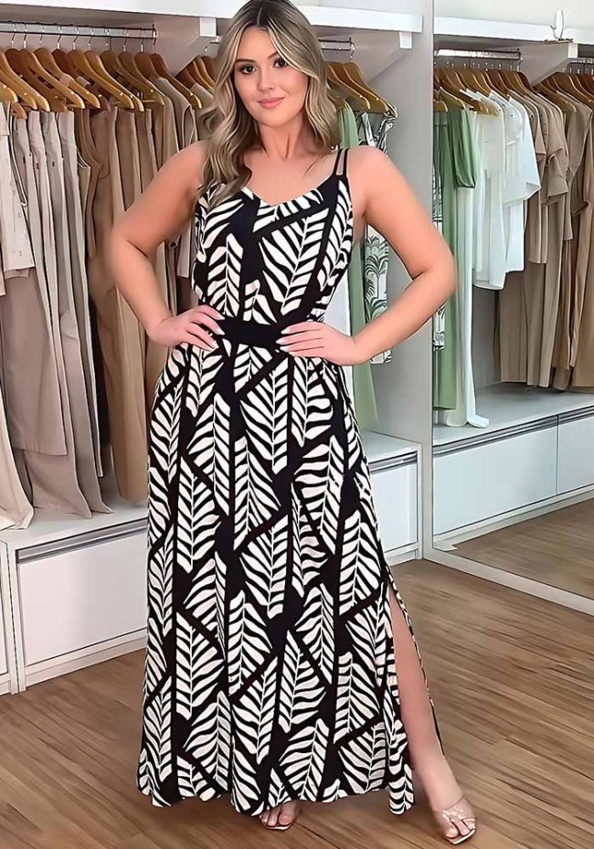 Black and White Low Back Slit Pocket Lace-Up Maxi Dress