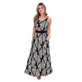 Black and White Low Back Slit Pocket Lace-Up Maxi Dress