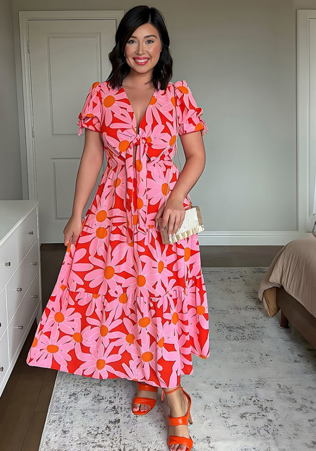 Floral Printed V-neck Sexy Puff Short Sleeve Hollow Out Tie Maxi Dress