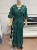 Green Sequin V-Neck Half-Sleeve Ruched Evening Dress