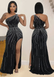 Sexy Black Slash Shoulder Beaded Maxi Dress