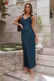 Solid V-Neck Straps Sexy Backless Long Evening Dress