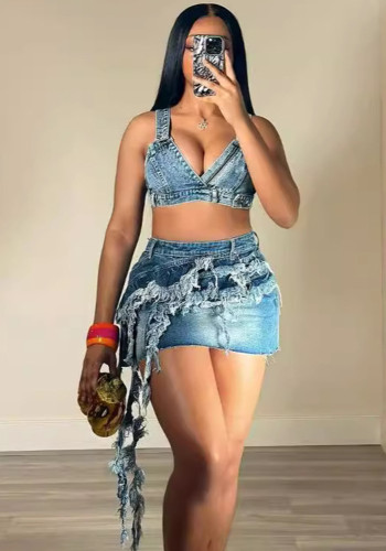 Stylish Tassel Top and Skirt Elastic Denim 2PCS Set