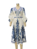Fashion Bohemian Print Deep-V Long Sleeve Belted Dress