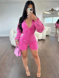 Turndown Collar Deep V Long Sleeve Tight Fit Rompers