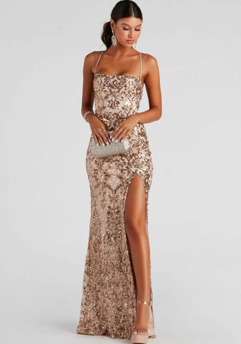 Sexy Halter Backless Sequined Elegant Slit Party Long Evening Dress