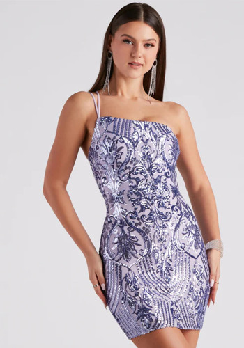 Sexy Slash Shoulder Straps Sequin Mini Bodycon Prom Dress