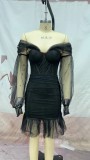 Sexy Chic Beaded Off Shoulder Mesh Patchwork Party Dress