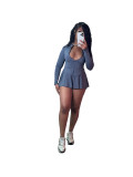 Sports Casual Tight Fit Long Sleeve Top +Mini Skirt Slim Waist Solid 2PCS Set